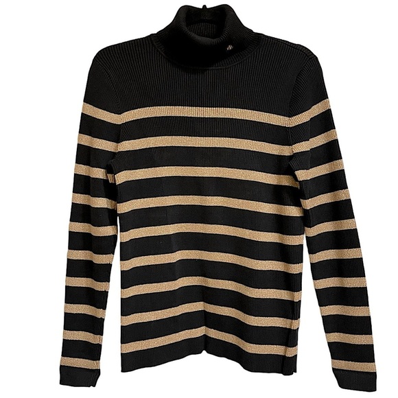 Lauren Ralph Lauren Logo Turtleneck Sweater Black & Gold Metallic Stripe Sz L - Picture 1 of 9